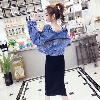 Fringe Denim Jacket / Spaghetti-strap Knit Dress