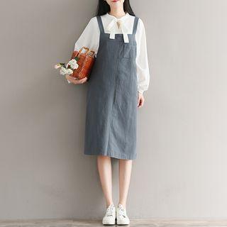 Front Pocket Plain Jumper Dress / Long-sleeve Blouse