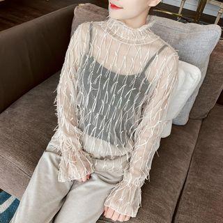 Fringed Long-sleeve Mesh Top
