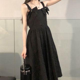 Spaghetti Strap Bow Midi A-line Dress Black - One Size