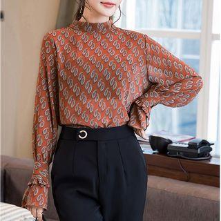 Patterned Mock Neck Chiffon Blouse