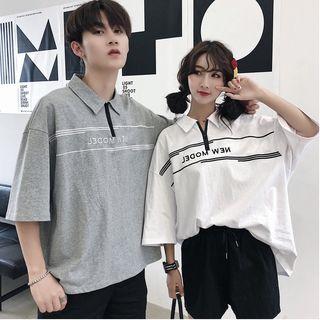 Couple Matching Elbow-sleeve Lettering Polo Shirt