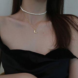 925 Sterling Silver Moon Pendant Faux Pearl Layered Choker