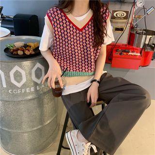 V-neck Print Knit Vest As Shown In Figure - One Size