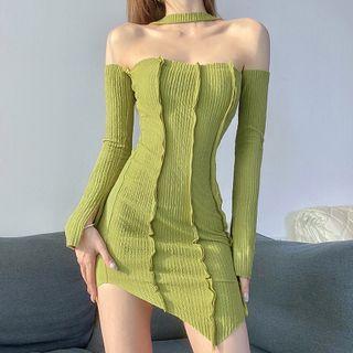 Long-sleeve Off-shoulder Halter Mini Sheath Dress