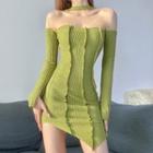 Long-sleeve Off-shoulder Halter Mini Sheath Dress