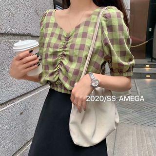 Puff-sleeve Color Block Plaid Shirt