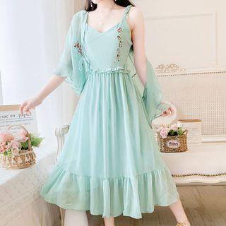 Set: Spaghetti Strap Midi A-line Dress + Chiffon Light Jacket