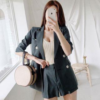 Set: Elbow-sleeve Doubled Breasted Blazer + Wide-leg Dress Shorts
