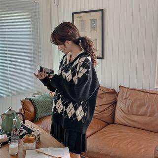 Shawl-collar Argyle Oversize Sweater
