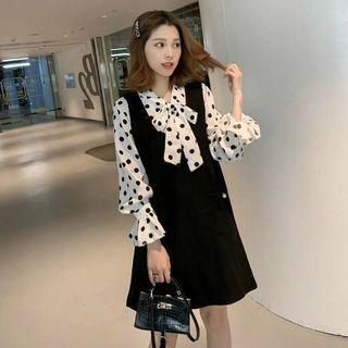Set: Bell-sleeve Dotted Blouse + Mini A-line Overall Dress