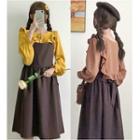 Set: Long-sleeve Frill-trim Blouse + Pinafore Dress