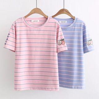 Peach Embroidered Short-sleeve Striped T-shirt
