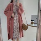 Plain Knit Long Cardigan / Long-sleeve Tie Neck Floral Dress