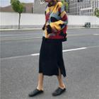 Patterned Band Collar Cardigan / Split Hem Midi Knit Skirt