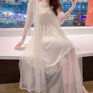 Set: Spaghetti-strap Mesh Dress + Light Jacket