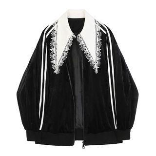 Color Block Lace Trim Collared Velvet Jacket
