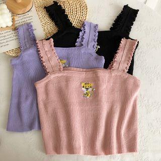 Tiger Embroidered Crop Knit Tank Top