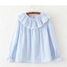 Pinstriped Ruffle Trim Long Sleeve Top