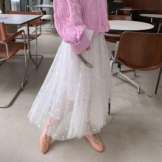 Ribbon-pattern Long Tulle Skirt