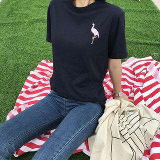 Short Sleeve Flamingo Embroidered T-shirt
