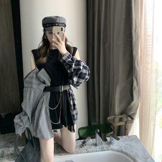 Off Shoulder Plaid Long-sleeve Dress As Shown In Figure - One Size