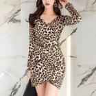 Long-sleeve Leopard Print V-neck Mini Sheath Dress