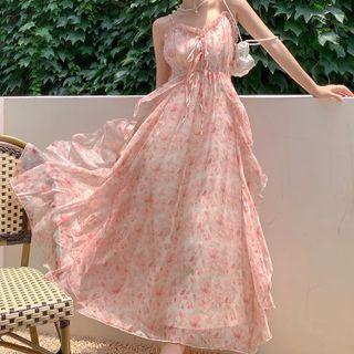 Spaghetti Strap Floral Ruffle Trim Maxi A-line Dress