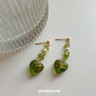 Sterling Silver Heart Drop Earring 1 Pair - Green - One Size