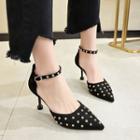 Pointy-toe Studded Ankle Strap High Heel Dorsay Pumps