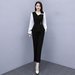 Set: Long-sleeve Peplum Blouse + Straight Leg Pants