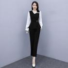 Set: Long-sleeve Peplum Blouse + Straight Leg Pants