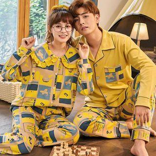 Couple Matching Loungewear Set : Long-sleeve Cartoon Print Shirt + Pants