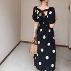 Dotted Puff-sleeve A-line Midi Dress