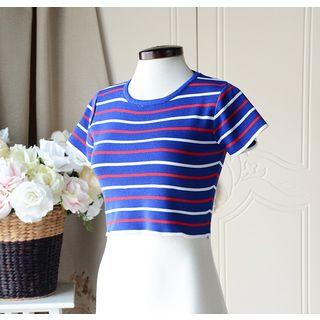 Striped Short-sleeve Cropped Knit Top