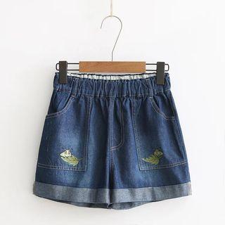 Elastic-waist Embroidery Cuffed Denim Shorts