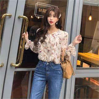 Tie-neck Floral Chiffon Blouse Ivory - One Size