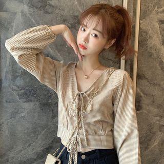 Lace Up Plaid Shirt Khaki - One Size