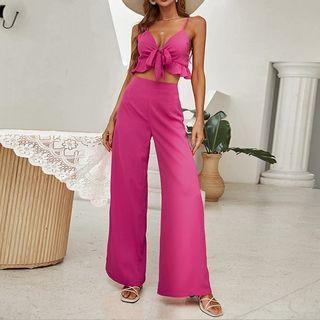 Set: Cropped Ruffle Camisole Top + Wide Leg Pants