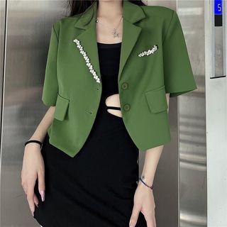 Short-sleeve Rhinestone Cropped Blazer