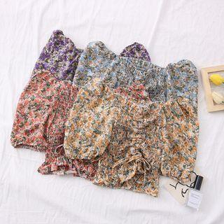 Floral Boatneck Drawstring Smocked Crop Top