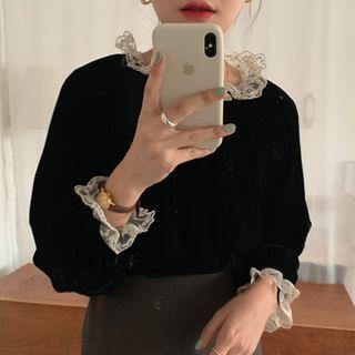 Long-sleeve Lace Trim Plain Velvet Top