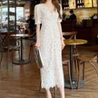Set: Short-sleeve Lace Midi A-line Dress + Slipdress