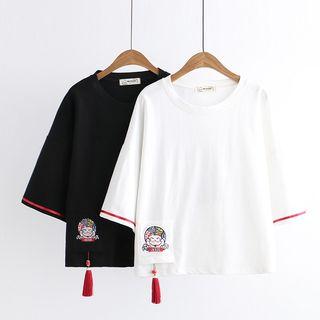 Tassel-accent Elbow-sleeve T-shirt