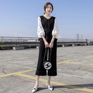 Set: Two Tone Blouse + Wide-leg Pants