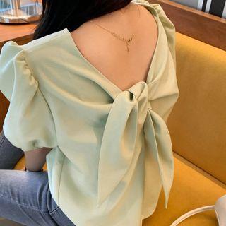 Puff-sleeve Wrap Blouse Light Green - One Size