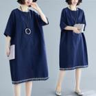 Fray Hem Elbow-sleeve A-line Dress Navy Blue - One Size