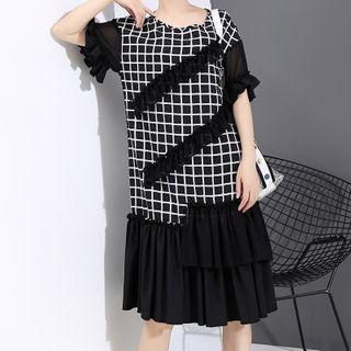 Plaid Panel Short-sleeve Ruffle Trim Midi A-line Dress Black - One Size