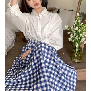 Pocket Detail Shirt / Gingham Midi A-line Skirt