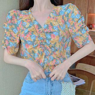 Short-sleeve Floral Print Blouse Pink & Blue - One Size
